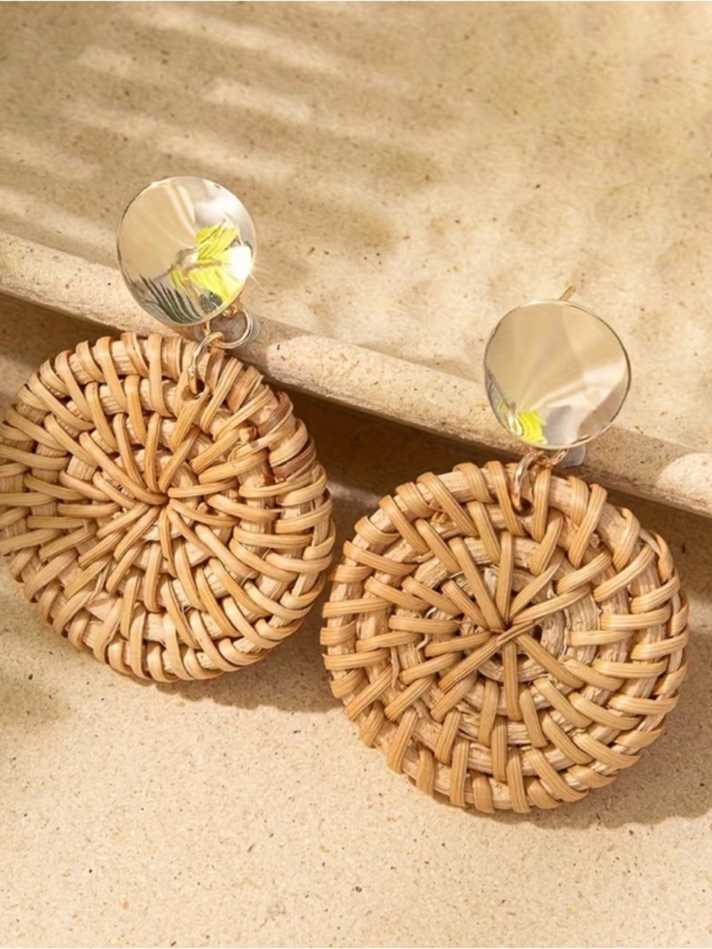 Rattan Drop Earrings with Gold Disc - Chic Natural Woven Jewelry - Picture 2 of 5